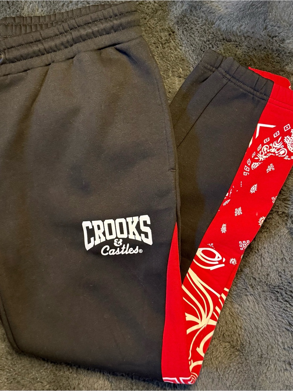 Crooks & Castles Black Sweatpants with Red Bandana Panels Size Large